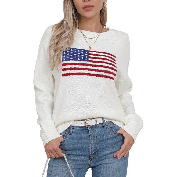 Women´s American Flag Sweater Lightweight Crew Neck...